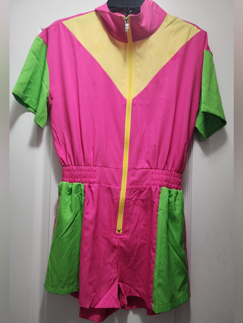 Pink and Green Colorblock Costume Romper with Yellow Zip